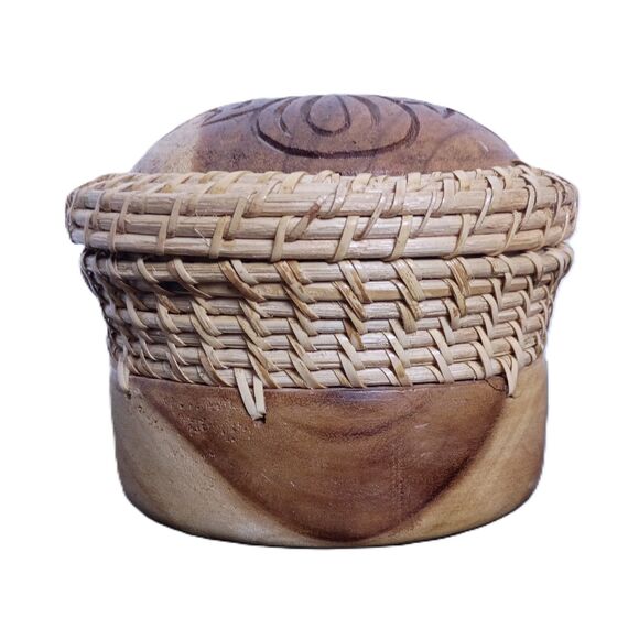 Vintage Indonesian Natural Carved Wood and Rattan Basket Tissue Dispenser - Picture 1 of 8